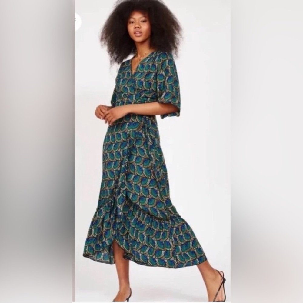 Silk and Salt midi dress wrap style  ruffle trim peacock print new with tags S